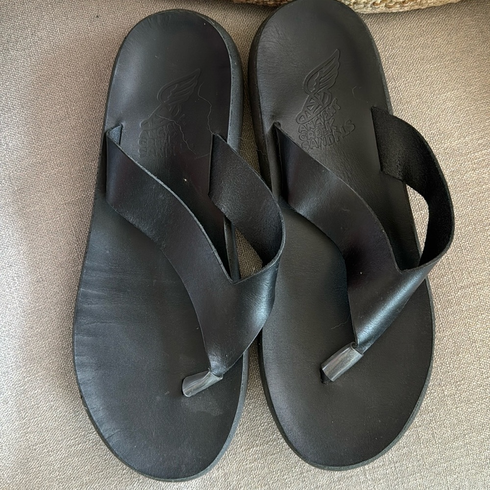 Ancient Greek Sandals Black Leather Charys Thong Platform Sandals Size 41